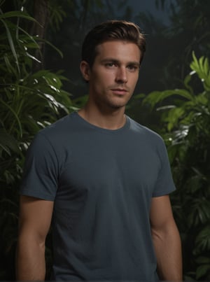 Masterpiece, realistic, lifelike, 1man, side part hairstyle, standing tall at the lush foliage of a dense jungle at night. In medium shot, his face is illuminate by a soft light, glossy oiled skin,cinematic glow, The darkness surrounding him , intimate atmosphere, glistening oiled skin,  , shaped,  glowing skin, wearing shirt, ,scenery, bark night ,lghtshft_lora