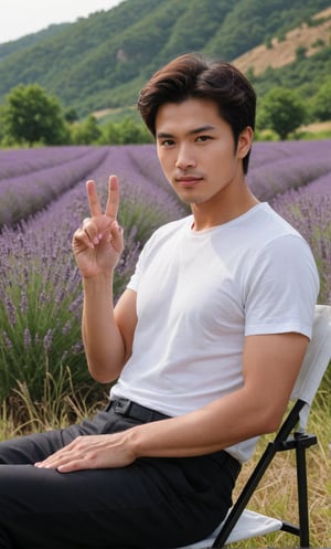 solo, looking at viewer, short hair, black hair, 1boy, white shirt, upper body, sae of flower,short sleeves, male focus, an endless deep horizon background, black eyes, lavender, facial hair, realistic Lavender, lavender,Handsome Taiwanese, 

Sit next coffee cup on camping chair with smart pose against the Lavender field backdrop,black pants,

(((High-impact point: performance detailed of fingers ))),
(((fingers, hand fingers)))
((( Men beautiful fingers)))