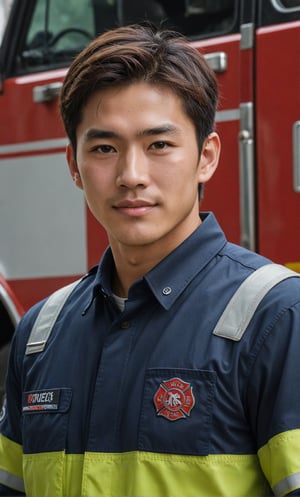 High impact face features, A majestic, 4K masterpiece captures the confident essence of a 15-year-old actor features Japanese firefighter. Ultra-realistic rendering showcases his slender physique in fit firefighter uniform, perfect proportions, and body hair. Dewy, a smile and healthy lips complete the portrait. Arms veins. He proudly wears a Japanese firefighter's uniform, fit uniform, set against the vibrant office. Authoritative presence exudes from every frame.