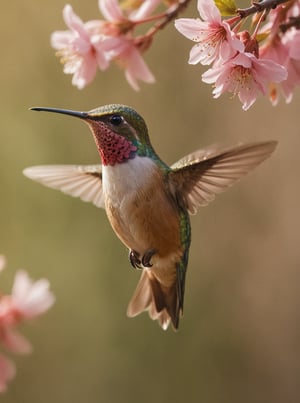 Delicate cherry blossom petals suspended in mid-air, softly swaying in gentle breeze, with warm sunlight casting a subtle glow. Hummingbird's wings beat rapidly as it approaches the camera, iridescent feathers glimmering like precious jewels. Soft-focus blurred background emphasizes tiny subject, while lifelike details and ultra-realistic display bring this intimate moment to vivid life.