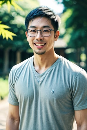 Asian man,handsome ,glasses ,stubble,upper body, muscle ,realistic,vivid, under Japanese maple tree, Bokeh by 1.4 lens, smile,nice tooth,