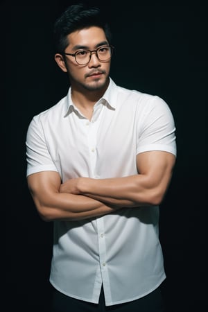Thai actor man,glasses , handsome , stubble, male focus, cinematic glow, Pentax film photography,Muscle, unbuttoned white shirt,perfect  proportions, malformed limbs, extremely realistic person, strictly skin texture, strictly face detail,blurred with Star shaped backdrop 