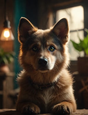 looking at viewer, green eyes, flower in vase backdrop , indoors, hmong dog, realistic, lamp, animal focus, lifelike image, extremely realistic ,hyper realistic picture ,  chapped lips, textured skin, realistic features,mimic a 85mm lens Sony Lens, f3. 6, bokeh, sharp focus, professional photography, warm lighting, soft lights, realistic dark blue eyes, Vietnam hmong beardog