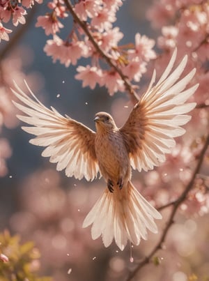 Delicate cherry blossom petals suspended in mid-air, softly swaying in gentle breeze, with warm sunlight casting a subtle glow. phoenix bird wings beat rapidly as it approaches the camera, iridescent feathers glimmering like precious jewels. Soft-focus blurred background emphasizes tiny subject, while lifelike details and ultra-realistic display bring this intimate moment to vivid life. (phoenix bird)