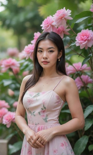 A solo Thai girl, with long black hair framing her face, looks directly at the viewer from outdoors. She wears a soft pink dress with rose pattern, showcasing her toned upper body. A bouquet of pink flowers, including a prominent pink rose is held delicately in her hands, with a clear space between each hand. Her facial features are accentuated by black eyes and subtle facial hair. The blurred background and focused pink flower in the foreground create a dreamy atmosphere, drawing attention to her captivating gaze,thgirl