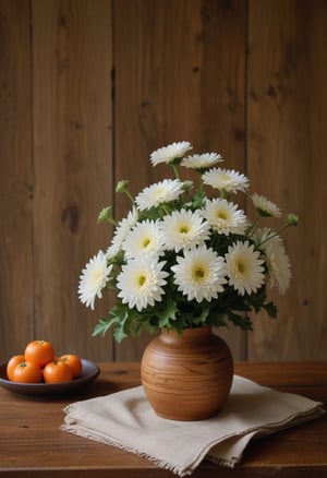 A warm and inviting still life: A delicate Japanese ceramic vase crafted from clay, adorned with vibrant white chrysanthemums (Wafu), sits beside a richly iced Mujiryohin carrot cake on a rustic wooden table. Soft, natural light falls from above, casting gentle shadows across the scene. The vase's simplicity and the cake's indulgence create a harmonious contrast, set against a subtle background of textured wood grain.