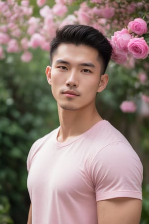 evelyn roses, garden,tall as he waist,
Young chinese man stands tall and smelling the evelyn rose, his muscular in soft pink t-shirt. He is holding a bouquet of flowers wrapped in paper. His striking eyes, lock intensely camera, while full and pink lips,Stubble,blonde hair, dynamic pose ,Bokeh by F1.4 Lens,soft bokeh bulr, man and woman 