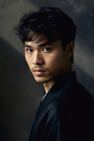 (((Asia Man short black hair, light but extremely handsome)))  
(((view aerial)))  
(((chiaroscuro darkness light colors background)))  
(((masterpiece, minimalist, epic, hyperrealistic)))  
(((Monochrome light solid colors)))  
(((Gorgeous, muscular, sophisticated)))  
(((by Diane Arbus style, by Caravaggio style)))