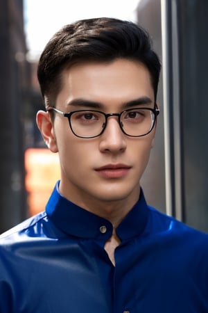 Asian man,handsome ,glasses ,,upper body, muscle ,realistic,  blue shirt, black suit,  focus subject, face grisp rendering , red latex 