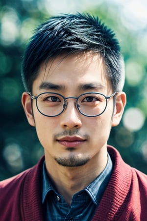 Asian man,handsome ,glasses ,stubble,upper body, muscle ,realistic,vivid, Japanese maple leaf, Bokeh by 1.4 lens 