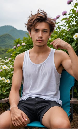 extreme low angle shot, Wide-Angle atmosphere, an endless deep horizon backdrop, looking at viewer, messy hair, undercut  bronze hair, blue eyes, 1boy, white tank top, upper body, sae of flower,short sleeves, male focus,  black eyes, lavender, facial hair, realistic ,Thailand Chrysanthemum, lavender,Handsome Taiwanese, 

Sit next coffee cup on camping chair with smart pose against the white Chrysanthemum field backdrop