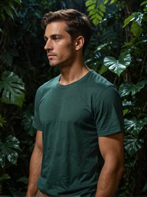 Masterpiece, realistic, lifelike, 1man, side part hairstyle, standing tall at the lush foliage of a dense jungle at night. In medium shot, his face is illuminate by a soft light, glossy oiled skin,cinematic glow, The darkness surrounding him , intimate atmosphere, glistening oiled skin,  , shaped,  glowing skin, wearing shirt, ,scenery, bark night ,thick_vine_bondage