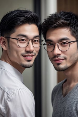 Asian man,handsome ,glasses ,stubble,upper body, muscle ,realistic , smile,undercut hairstyle, light_brown_eyes, 2guys looking_at_each_other,close-up, friendship,different hair style, different pose, without glasses 