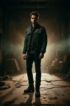 Create an image of a person in a dynamic fashion pose, wearing a dark green detailed jacket with stitching and buttons, paired with black leather pants and black boots against a dimly lit brown-toned background,low ley

