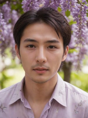 Handsome young man with Korean features, 29 years old, posing in a Wisteria tree, showcasing his physique on 2 pieces unbuttoned shirt, His cheeky, alluring sunlight passes through the gaps in the trees. highlighting his healthy lips,  The Wisteria in front of the model is blurred and has a beautiful softness foreground, sharp men, emphasizing upper body details and strict facial features, Candid Shots captured , focus men,dewy and glistening oiled skin, dramatic face, pointy_teeth, smail,upper_body photography ,Extremely Realistic