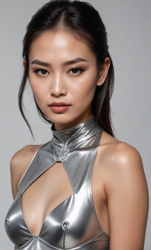 ((aerial view looking down)),The captures a striking young Thai features woman, radiating youth and grace in every flawlessness dewy skin, eyes so smart. She is wearing a liquid metal outfit, with eyeliner in a straight line from under the eyes across the cheeks to the neck so cool , white liner on face, emphasized by ethereal light. Subtle lighting-like highlighting, dynamic pose, action cinematic pose, standard backdrop, gross lipstick., makeup artist 