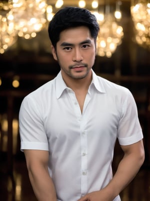 Thai actor man , handsome , stubble, male focus, cinematic glow, Pentax film photography,Muscle, unbuttoned white thin shirt, a little sweat dropped, perfect  proportions, malformed limbs, extremely realistic person, strictly skin texture, strictly face detail,blurred with Star shaped backdrop 