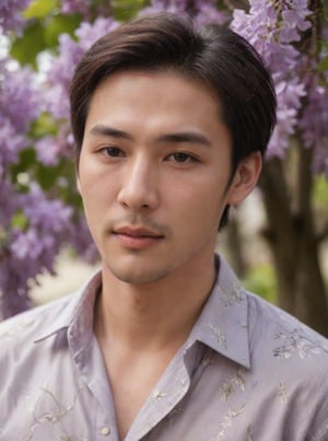 Handsome young man with Korean features, 29 years old, posing in a Wisteria tree, showcasing his physique on 2 pieces unbuttoned shirt, His cheeky, alluring sunlight passes through the gaps in the trees. highlighting his healthy lips,  The Wisteria in front of the model is blurred and has a beautiful softness foreground, sharp men, emphasizing upper body details and strict facial features, Candid Shots captured , focus men,dewy and glistening oiled skin, dramatic face, pointy_teeth, smail,upper_body photography ,Extremely Realistic,sharp:1.4, grisp:1.5,shadow:0.8