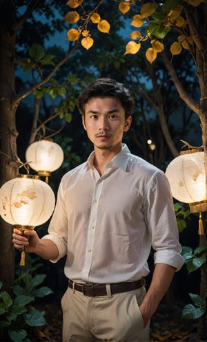 solo, looking at viewer, shirt, black hair, 1boy, holding, white shirt, male focus, outdoors, collared shirt, pants, tree, facial hair, leaf, plant, lantern, realistic, lamp, Hand taking China lantern, strict face features, High-quality detailing, 4K resolution captures,  night deep darkness surrounding him 