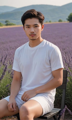 solo, looking at viewer, short hair, black hair, 1boy, white shirt, upper body, sae of flower,short sleeves, male focus, an endless deep horizon background, black eyes, lavender, facial hair, realistic Lavender, lavender,Handsome Taiwanese, 

Sit on chair with smart pose against the Lavender  field backdrop 