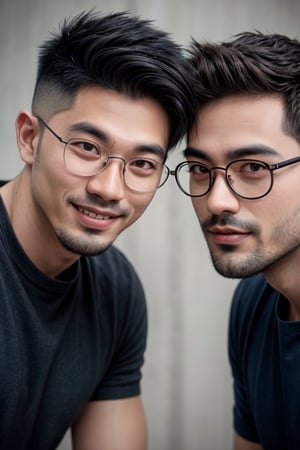 Asian man,handsome ,glasses ,stubble,upper body, muscle ,realistic , smile,undercut hairstyle, light_brown_eyes, 2guys looking_at_each_other,close-up, friendship,different hair style, different pose 