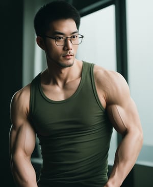Taiwanese man,glasses , handsome , stubble, male focus, cinematic lighting, film photography,muscle veins pop out, army tank top,perfect  proportions, malformed limbs,