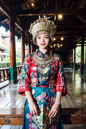 A stunning Hmong Thai girl, no older than 12, poses confidently in her vibrant traditional attire. The intricately embroidered jacket and flowing skirt are a kaleidoscope of colors, with golden threads shining like miniature suns. Her bright smile and piercing eyes sparkle under the warm sunlight, which casts a gentle glow on the lush green surroundings.