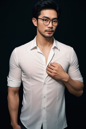Thai actor man,glasses , handsome , stubble, male focus, cinematic glow, Pentax film photography,Muscle, unbuttoned white shirt,perfect  proportions, malformed limbs, extremely realistic person, strictly skin texture, strictly face detail,blurred with Star shaped backdrop 