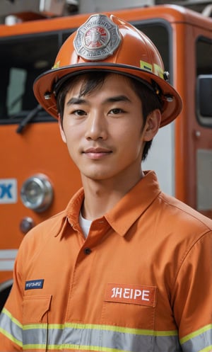 High impact face features, A majestic, 4K masterpiece captures the confident essence of a 15-year-old actor features Japanese firefighter. Ultra-realistic rendering showcases his slender physique in fit firefighter orange uniform, perfect proportions, and body hair. Dewy, a smile and healthy lips complete the portrait. Arms veins. He proudly wears a Japanese firefighter's uniform, fit uniform, set against the vibrant office. Authoritative presence exudes from every frame.