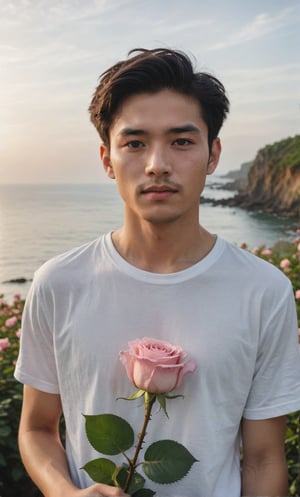 solo, looking at viewer, short hair, black hair, 1boy, white shirt, upper body, sae of flower,short sleeves, male focus, outdoors, an endless deep horizon background, blurry, black eyes, blurry background, rose, facial hair, t-shirt, pink flower, bouquet, realistic, pink rose,Handsome  Taiwanese, held roses in him arms, be sure he hand position is had a clear space between hand,island
