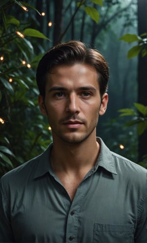 Masterpiece, realistic, lifelike, 1 man, side part hairstyle, standing tall in the lush foliage of a dense jungle at night. In medium shot, his face is illuminated by a soft, glistening, alluring light highlighting his features. The darkness surrounds him, he is wearing a shirt, the night scenery is vivid, there are lots of fireflies flying around, sparkling brightly, shining bright fireflies, casting a sparkling light on the backdrop. Middle contrast, dynamic face, strict facial features, sharp face.