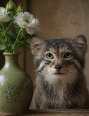 looking at viewer, green eyes, flower in vase backdrop , indoors, hmong dog, realistic, lamp, animal focus, lifelike image, extremely realistic 