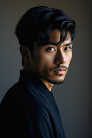 (((Japanese Man short black hair, light but extremely handsome)))  
(((view aerial)))  
(((chiaroscuro darkness light colors background)))  
(((masterpiece, minimalist, epic, hyperrealistic)))  
(((Monochrome light solid colors)))  
(((Gorgeous, muscular, sophisticated)))  
(((by Diane Arbus style, by Caravaggio style)))