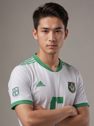 masterpiece, handsome details, perfect focus, 8K  resolution, exquisite texture in every detail, score_9_up

Thai  man , white and green soccer uniform, studio, cool look,  tight uniform 