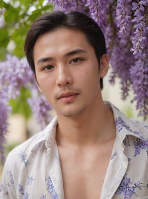 Handsome young man with Korean features, 29 years old, posing in a Wisteria tree, showcasing his physique on 2 pieces unbuttoned shirt, His cheeky, alluring sunlight passes through the gaps in the trees. highlighting his healthy lips,  The Wisteria in front of the model is blurred and has a beautiful softness foreground, sharp men, emphasizing upper body details and strict facial features, Candid Shots captured , focus men,dewy and glistening oiled skin, dramatic face, pointy_teeth, smail,upper_body photography ,Extremely Realistic,sharp:1.4