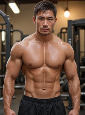 A rugged Japanese man with piercing dome eyes, short hair, and chiseled physique glistens with sweat, radiating health after a intense workout. In an Americano shot portrait ( fullbodyshot), flat colors and sharp focus highlight his impressively chiseled muscles, oiled skin, and alluring texture as he strikes a provocative pose.