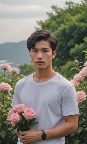 solo, looking at viewer, short hair, black hair, 1boy, white shirt, upper body, sae of flower,short sleeves, male focus, outdoors, an endless deep horizon background, blurry, black eyes, blurry background, rose, facial hair, t-shirt, pink flower, bouquet, realistic, pink rose,Handsome  Taiwanese, held roses in him arms, be sure he hand position is had a clear space between hand,island,veropeso