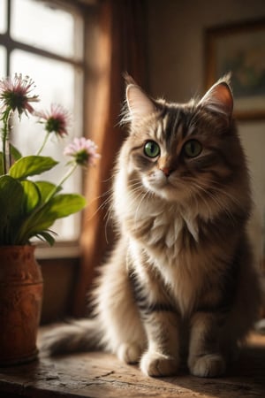 looking at viewer, green eyes, flower in the backdrop , indoors, blurry, no humans, animal, siberian cat, realistic, lamp, animal focus, vase, whiskers