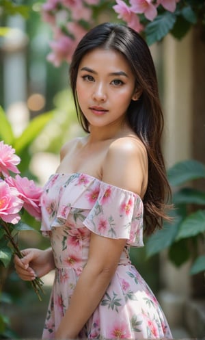 A solo Thai girl, with long black hair framing her face, looks directly at the viewer from outdoors. She wears a soft pink dress with rose pattern, showcasing her toned upper body. A bouquet of pink flowers, including a prominent pink rose is held delicately in her hands, with a clear space between each hand. Her facial features are accentuated by black eyes and subtle facial hair. The blurred background and focused pink flower in the foreground create a dreamy atmosphere, drawing attention to her captivating gaze,thgirl, perfect eyes 