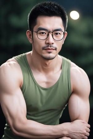 Taiwanese man,glasses , handsome , stubble, male focus, cinematic lighting, film photography,Muscle, army tank top,perfect  proportions, malformed limbs, extremely realistic person, strictly skin texture, strictly face detail,((( TTArtisan 100mm F2.8 Lens blurry))) blurred with Star shaped backdrop 