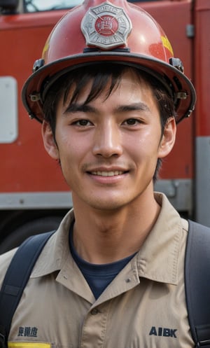High impact face features, A majestic, 4K masterpiece captures the confident essence of a 15-year-old actor features Japanese firefighter. Ultra-realistic rendering showcases his slender physique, perfect proportions, and body hair. Dewy, a smile and healthy lips complete the portrait. Arms veins. He proudly wears a Japanese firefighter's uniform, fit uniform, set against the vibrant office. Authoritative presence exudes from every frame.