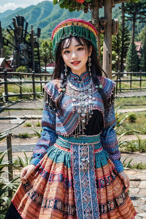 A stunning Hmong Thai girl, no older than 12, poses confidently in her vibrant traditional attire. The intricately embroidered jacket and flowing skirt are a kaleidoscope of colors, with golden threads shining like miniature suns. Her bright smile and piercing eyes sparkle under the warm sunlight, which casts a gentle glow on the lush green surroundings.

Hmong Thai in Hmong outfit 