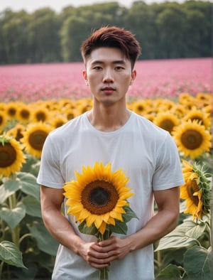 multi rows of sunflowers, tall as he waist,
Young chinese man stands tall and smelling the sunflower, his muscular in white t-shirt. He is holding a bouquet of flowers wrapped in paper. His striking eyes, lock intensely camera, while full and pink lips,Stubble,blonde hair, dynamic pose ,Bokeh by F1.4 Lens,soft bokeh bulr