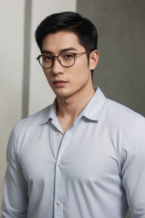 Asian man,handsome ,glasses ,stubble,upper body, muscle ,realistic