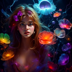 ((Top Quality)), ((Masterpiece)), ((Genuine)), Portrait,
A girl, a celestial body, a god, a goddess, a particle of light, a halo, a line of sight,
(Bioluminescence: 0.95) Many bioluminescent, lightning bolts and separated human limbs float in the rainbow-colored glass, bright, colorful, (glow, glow),
(beautiful composition), cinematic lighting, complex, (symmetry: 0.5), eccentric, absurd,