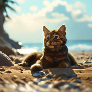 Coastal canine charm: A chubby, cuddly cat with a rounded belly and a mischievous grin, lounges on the sandy beach. Wearing sleek shades, the pup gazes out at the ocean, its paws sinking into the warm grains as it soaks up the sun. The bright blue sky above is dotted with wispy clouds, while the sound of seagulls fills the air.,Fine art photography style,dog,realistic,pet,furry