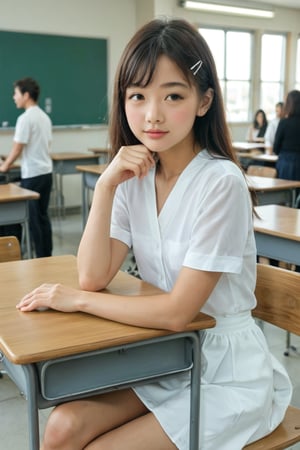 Medium shot of a skinny beautiful skinny Asian model girl WEARING white school blouse dress, hair clip, SHY SMILES, sitting at school desks inside classroom, dynamic sitting pose, crowd of students, Extremely Realistic,((masterpiece))), (((best quality))),SHARP AND IN FOCUS