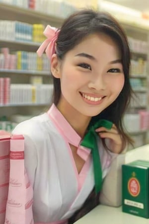 A profile shot of a slender Asian model girl wearing a crisp pharmacy dress and a hair ribbon, shyly smiling as she sits at her desk in a bustling pharmacy store. The dynamic sitting pose showcases her delicate features and subtle elegance amidst the crowded room. Extremely realistic depiction with masterful attention to detail, best quality and sharp focus,extremely detailed