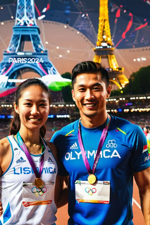 A triumphant asian male and female athlete stands out in the Olympic stadium's. The "PARIS 2024" text and Olympic logo behind them. The Paris Eiffel far away in the background