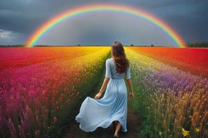 Rainbow arching over a girl in colorful vibrant field,cinematic quality